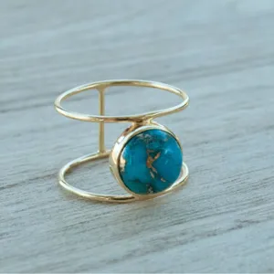 Minimalist turquoise ring featuring a double band gold design and a vibrant round green stone.