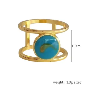 Minimalist turquoise double band ring for women, stylish gold metal ring fashion jewelry.