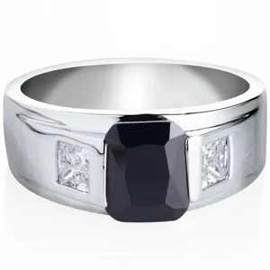 Anello da uomo di lusso alla moda con pietra centrale nera e cristalli laterali brillanti.