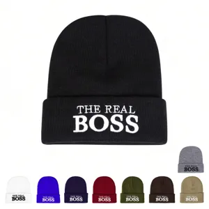 The Real Boss Embroidered Knit Beanie Hat For Men Women Winter Warm Soft Acrylic Stretchy Skull Cap Outdoor Cuffed Hat