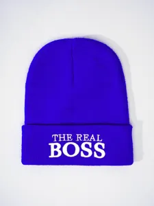 Blue knitted beanie hat with white embroidered text THE REAL BOSS winter warm cap outdoor