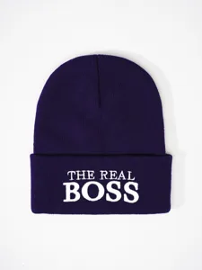 Purple knitted beanie hat for winter, stylish white embroidery letter design, warm and comfortable.