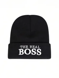 Black knitted beanie hat with white embroidery THE REAL BOSS slogan unisex winter warm cap
