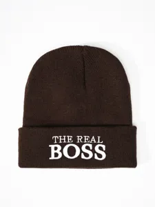 Dark brown knitted beanie hat featuring white embroidery THE REAL BOSS warm cap