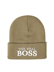 Detailed close-up of khaki knitted beanie hat featuring elegant white embroidery text.