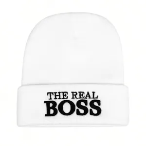 White knitted beanie hat for women and men, warm winter cap with custom embroidery text design.