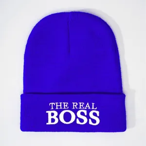 Blue knit beanie winter warm hat with white embroidered lettering streetwear casual style