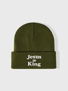 Πράσινο σκούφος πλεκτός με λευκό κέντημα Jesus King κομψός χειμωνιάτικος σκούφος