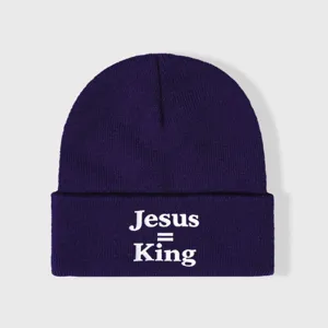 μοβ πλεκτός σκούφος με λευκό κέντημα jesus king ζεστό casual καπέλο για τον χειμώνα
