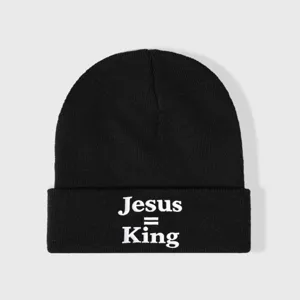 Μαύρο πλεκτό σκουφί με λευκό κέντημα Jesus King, ζεστό χειμερινό casual σκουφάκι.