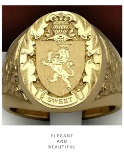 Anillo sello león corona oro hombre diseño heráldico vintage joyería de moda