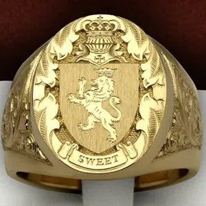 Anillo sello real león corona hombre, joyería chapada en oro de aleación de zinc vintage.