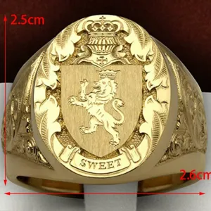Anillo de sello de aleación de zinc chapado en oro con corona real y diseño de león para hombre.