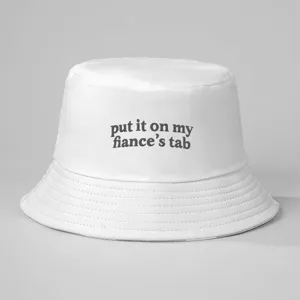 White embroidered bucket hat with funny slogan text, casual summer sun protection cap.