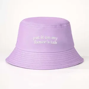 Lavender bucket hat with cute embroidered slogan text, stylish casual sun protection hat.
