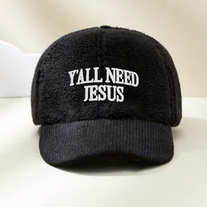 Black faux shearling baseball cap with corduroy brim and stylish front embroidered text.