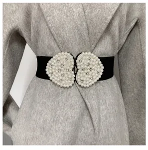 Ceinture élastique large mode femme avec boucle cœur perle strass pour robe manteau.