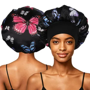 Women Satin Sleep Cap Butterfly Print Elastic Wide Band Night Sleep Hat Hair Care Bonnet Soft Breathable Daily Wear Accessories
