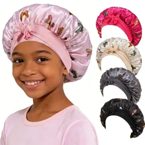 Kids Silk Satin Sleep Cap Cute Butterfly Print Adjustable Bow Bonnet Soft Hair Protection Night Cap For Toddlers