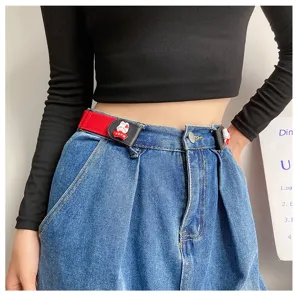 Elastic lazy belt for women with cute cartoon rabbit decoration, adjustable punch-free red waist belt.