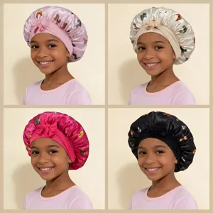 Kids satin sleep bonnet with cute butterfly print, elastic hair care cap for girls.