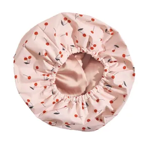 Waterproof Shower Cap For Women Double Layer Reusable Bath Cap Elastic Hair Protection Cap Cute Cherry Print Sleep Cap