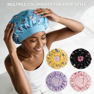 Detailed view of the satin hair bonnet with butterfly print and elastic wide band design.