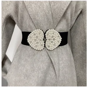 Femme vintage large ceinture élastique taille perle cœur boucle pour manteau robe
