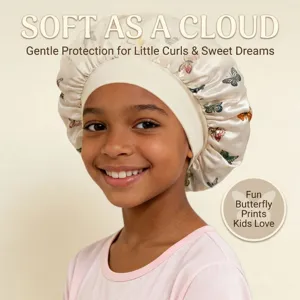 Detail view of kids satin butterfly printed sleep cap showing soft wide elastic band and smooth fabric.