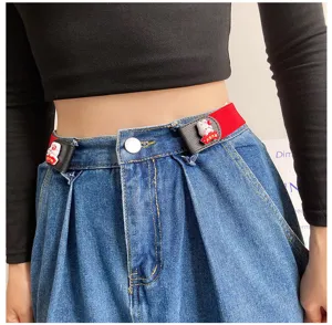 Detail view of the women elastic lazy belt featuring cute rabbit cartoon decoration and red strap.
