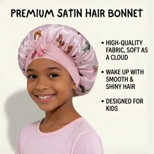 Kids satin hair bonnet with cute butterfly print and elastic band for soft sleeping hair care.