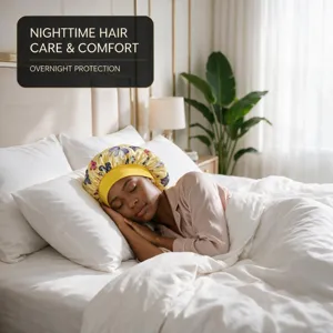 Butterfly print satin sleep bonnet with wide elastic band for comfortable nighttime hair care.