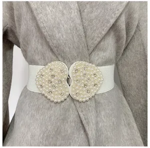 Détail de ceinture élastique perle cœur, large ceinture décorative élégante pour robes manteaux.