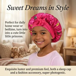 Children butterfly print satin sleep cap with elastic band, cute hair care bonnet for kids.