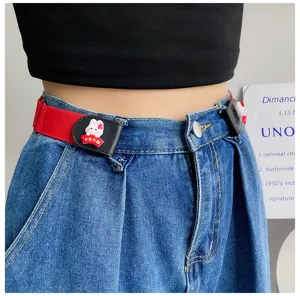 Lazy elastic belt for women, cute rabbit cartoon design buckle, red stretchy punch-free waist belt.