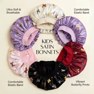Kids satin bonnet detail showing soft fabric texture, vibrant butterfly prints, and elastic band.
