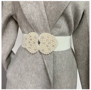 Ceinture élastique cœur perle détail, large ceinture rétro pour manteaux robes chic.