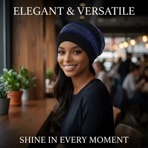 Elegant rhinestone turban hat for women, fashionable black mesh bling headscarf for daily wear.