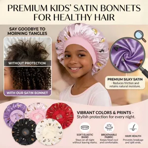 Kids satin bonnet with butterfly print, soft elastic band for hair protection and comfort.