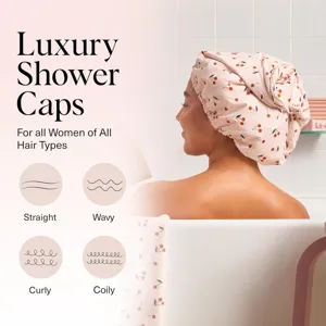 Double layer waterproof shower cap with cute cherry print for all hair types and daily use.