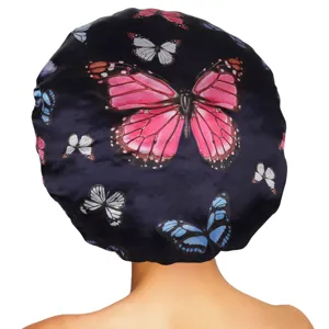 Satin butterfly print sleep cap elastic hair care bonnet for night styling and smooth hair