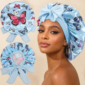 Satin butterfly print sleep cap with adjustable ties, soft hair bonnet for beauty care.