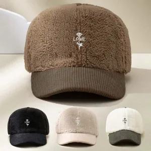 Casquette de Baseball en Faux Shearling Corduroy Broderie de Lettres de Rose Colorblock Protection Solaire Chapeau Réglable