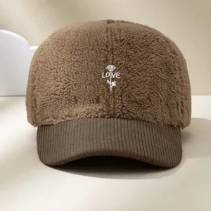 Casquette de baseball en velours côtelé et peluche avec broderie de roses, chapeau marron.