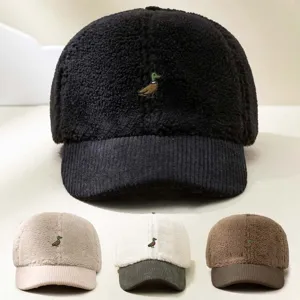 Unisex Corduroy Faux Shearling Baseball Cap Mallard Duck Embroidery Adjustable Outdoor Sun Protection Casual Hat