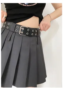 Detail view of Y2K punk star rivet double buckle leather belt, stylish waist accessory.