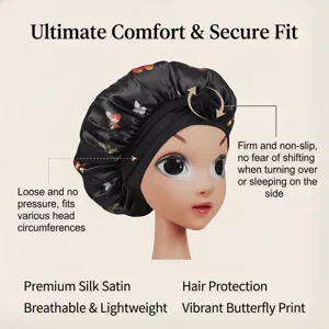 Kids silk satin sleep bonnet with vibrant butterfly print, breathable and secure fit hair cap.