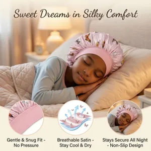 Kids satin sleep cap with cute butterfly print and wide elastic band for hair care.