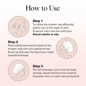 How to use instruction detail guide showing step by step waterproof shower cap wearing method.