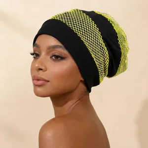 Detailed close-up shot of the stylish rhinestone mesh turban hat, highlighting shiny texture.